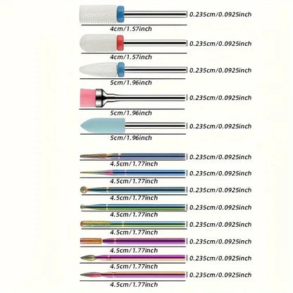 13-Piece Professional Ceramic Nail Drill Bit Set – High-Precision Tools for Acrylic & Gel Nails